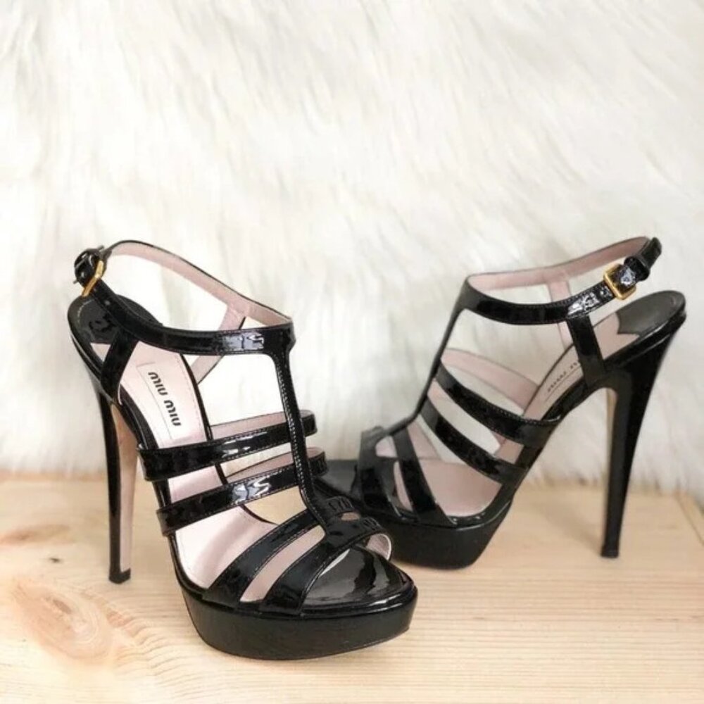 Miu Miu Women's Black Stiletto Strappy Patent Leather Platform Heels EU 36.5